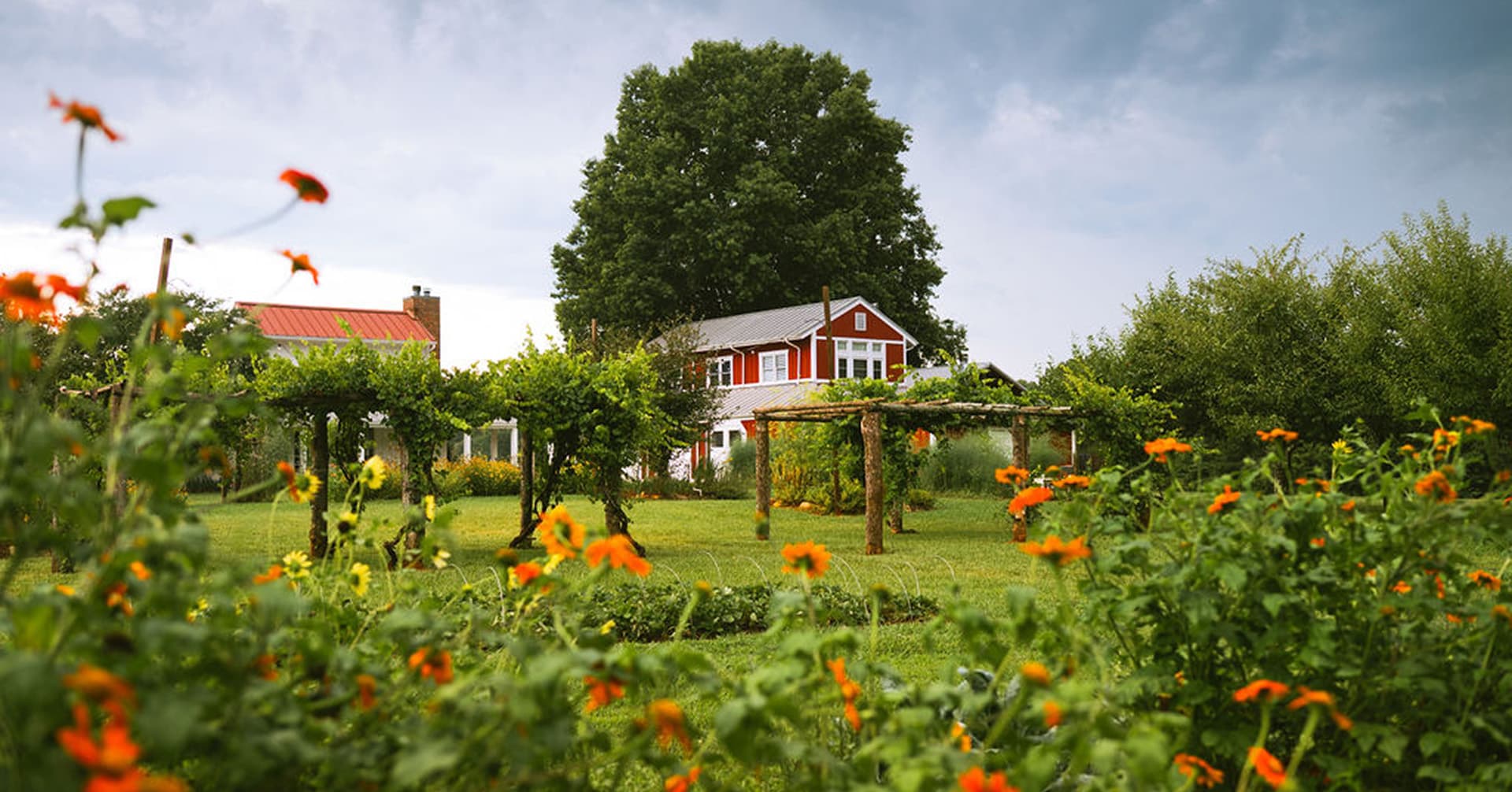 A red house surrounded by lush greenery and vibrant orange flowers under a cloudy sky.