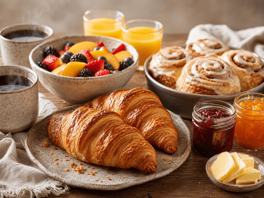 A beautifully arranged breakfast spread featuring croissants, cinnamon rolls, fresh fruit, coffee, and fruit preserves.