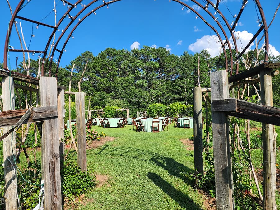A rustic outdoor venue features elegantly set tables surrounded by greenery under a blue sky.